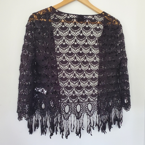 NWOT Sz XS Black Open Crochet Knit Open Style Cardigan Fringe 3/4 Sleeve BOHO - Picture 13 of 15